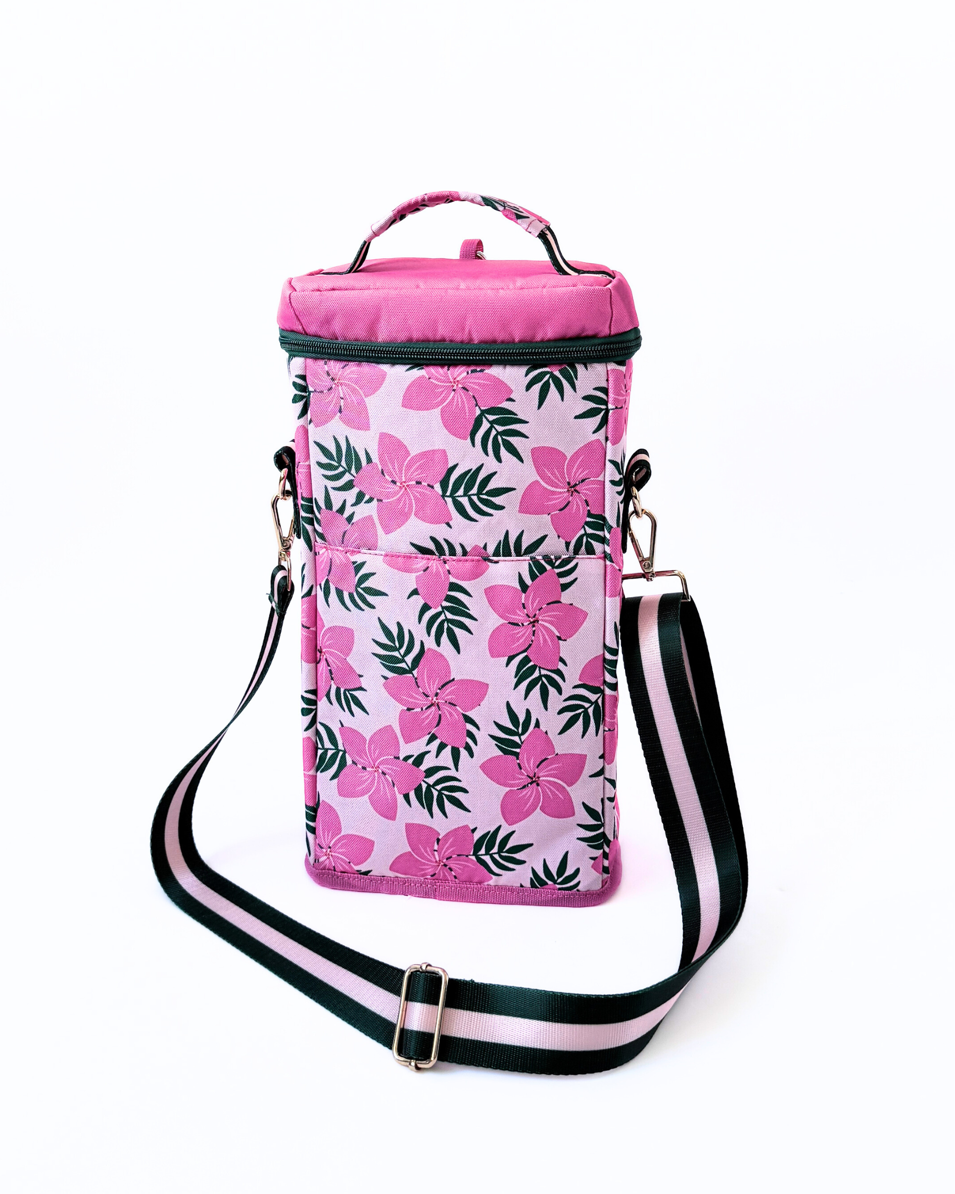 Floral-patterned bag with a pink top and black strap on a white background