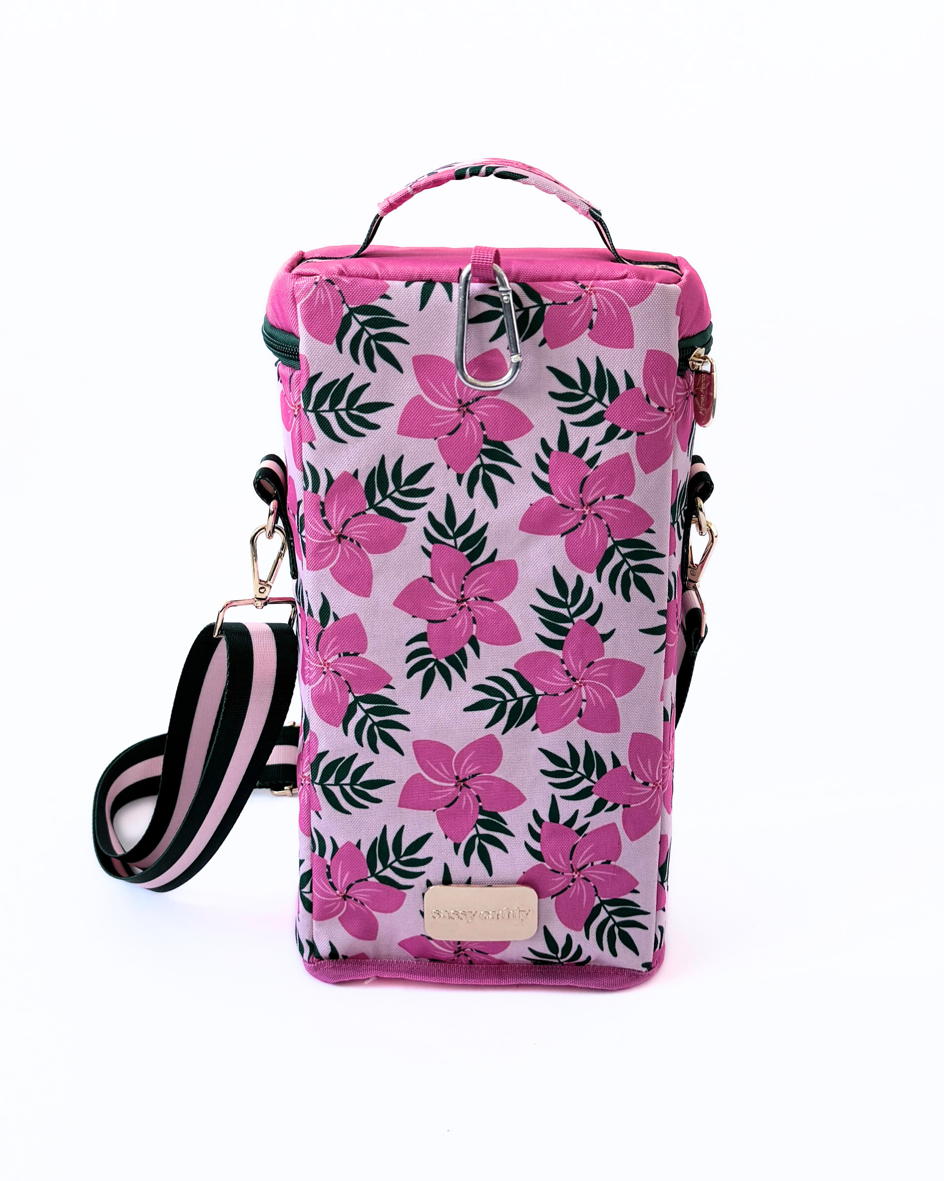 Pink floral-patterned bag with a strap on a white background