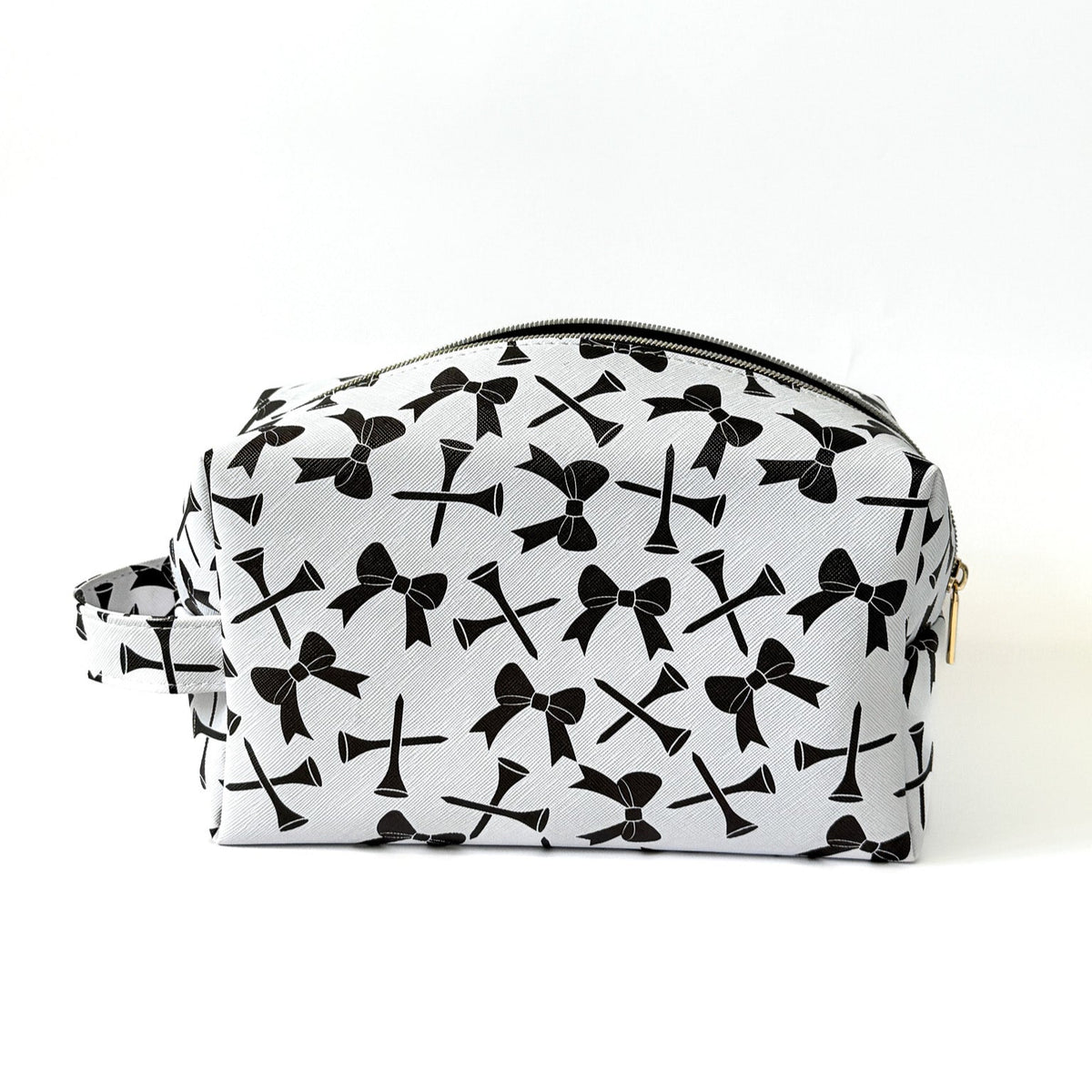 Black and white women’s golf pouch with bows and golf tees print