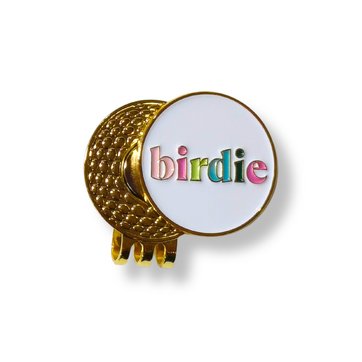 Colorful Birdie golf ball marker on a hat clip