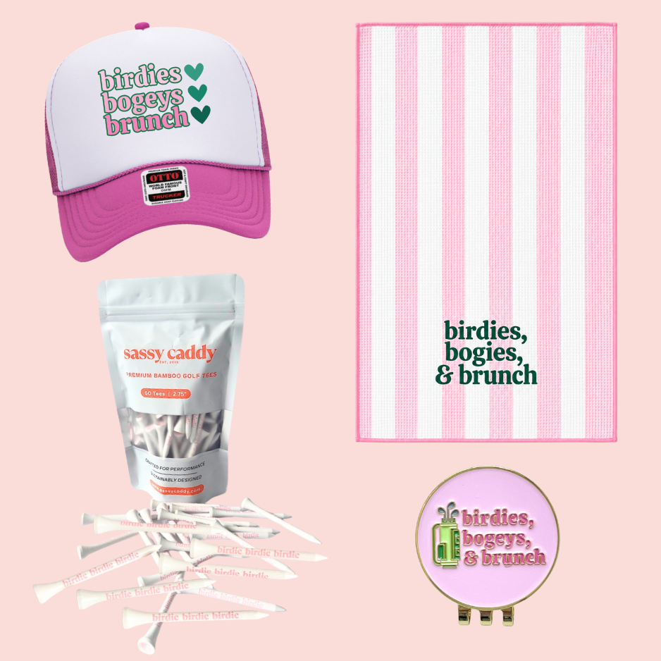 Birdies, Bogeys & Brunch gift set: pink trucker hat, matching ball marker, striped golf towel and birdie tees