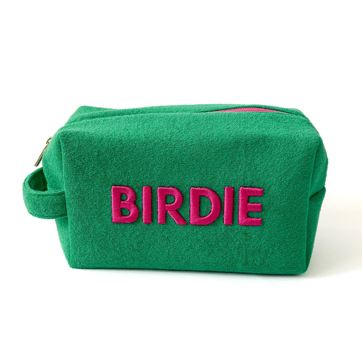 Green terry cloth golf pouch with pink BIRDIE embroidery