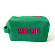Green terry cloth golf pouch with pink BIRDIE embroidery