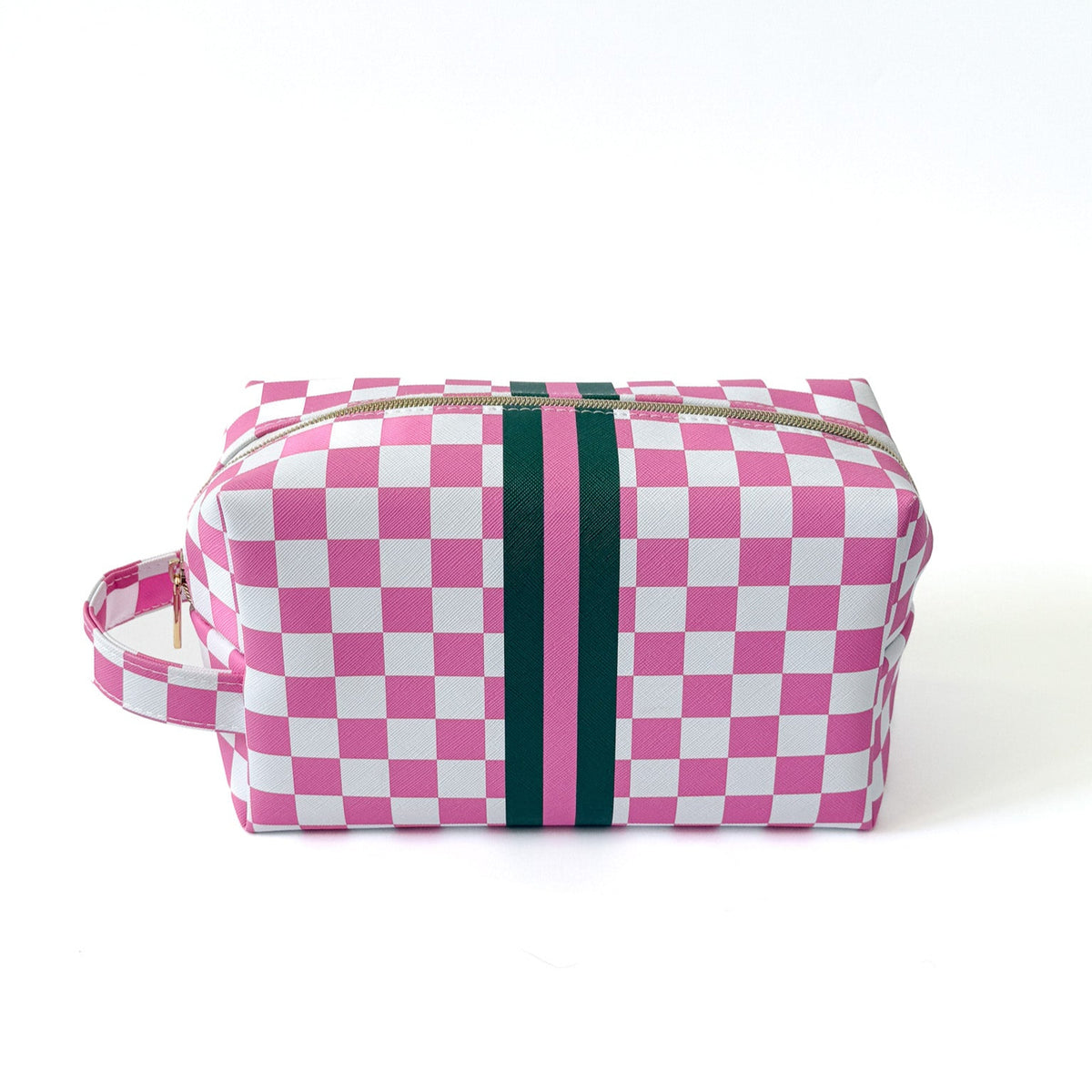 Pink and white checkered women’s golf pouch with green and white racer stripe
