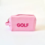Pink terry cloth women’s golf pouch with pink GOLF embroidery