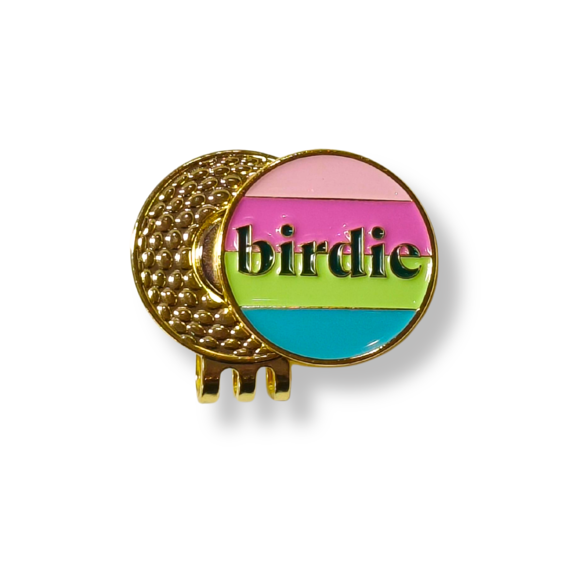 Striped Birdie golf ball marker on a hat clip