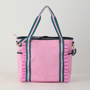 Back of Women's pink and green floral pickleball tote bag by Sassy Caddy