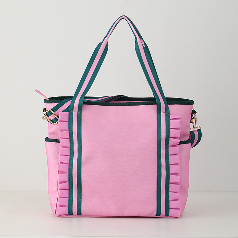 Back of Women's pink and green floral pickleball tote bag by Sassy Caddy